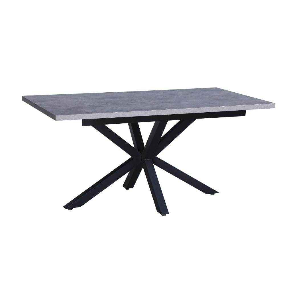 tavolo rettangolare allungabile rob con piano cemento e gambe in metallo nero, dettaglio della superficie allungata e gambe robuste