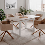 tavolo allungabile houston 80b con struttura bianca e piano sabbia 120x75x80 cm., dettaglio della superficie allungata e gambe robuste