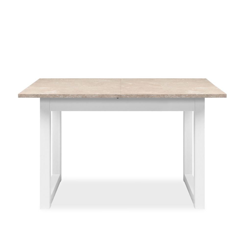 tavolo allungabile houston 80b con struttura bianca e piano sabbia 120x75x80 cm., vista ambientata in spazi open space moderni