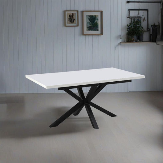 tavolo rettangolare allungabile rob con piano bianco e gambe in metallo nero, tavolo rettangolare ampio per cucina o soggiorno