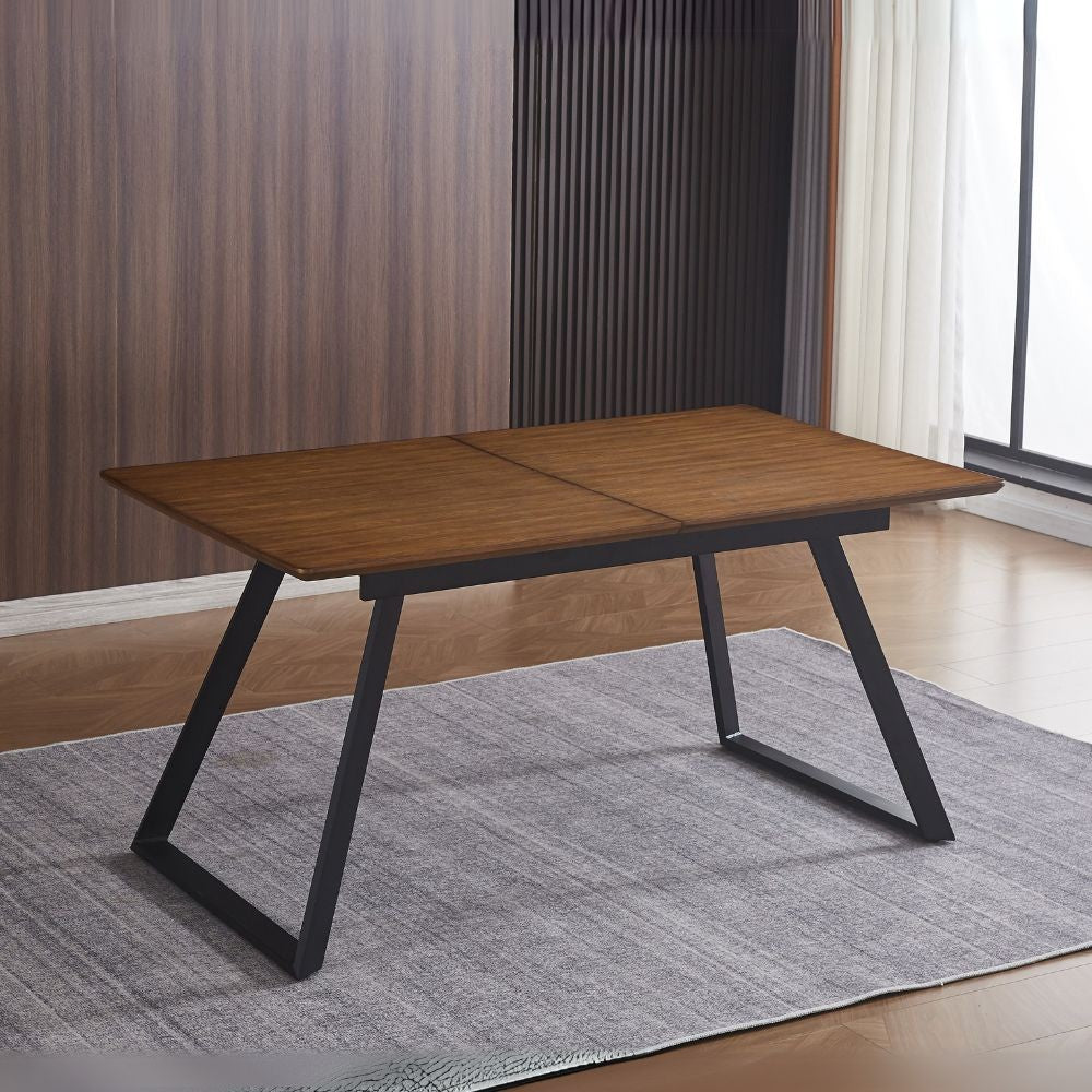 tavolo allungabile shelton con piano impiallacciato legno massiccio tinto rovere scuro e gambe in metallo nero, tavolo rettangolare ampio per cucina o soggiorno