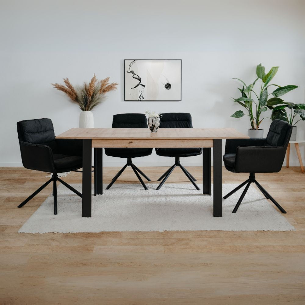 tavolo allungabile tolosa 80b colore rovere e gambe nere 150x75x80 cm., dettaglio della superficie allungata e gambe robuste