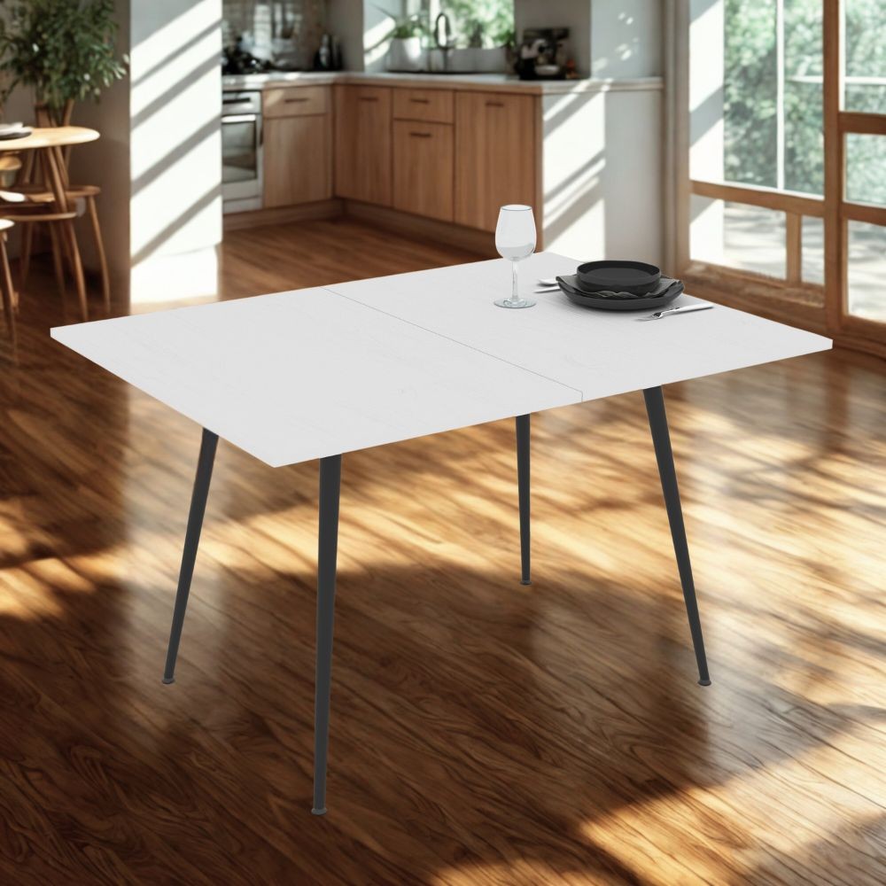 tavolo girevole allungabile lilis con piano colore bianco frassinato e gambe in metallo nere, tavolo rettangolare ampio per cucina o soggiorno