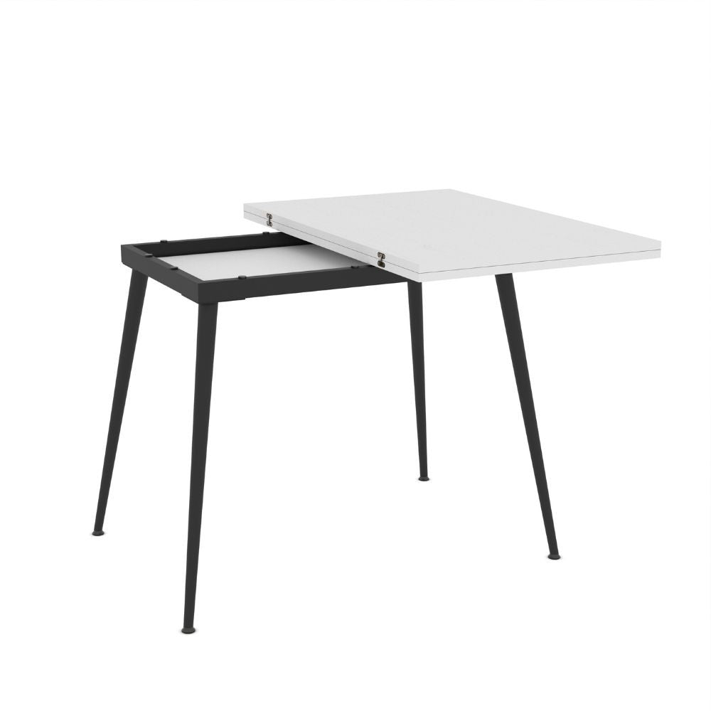 tavolo girevole allungabile lilis con piano colore bianco frassinato e gambe in metallo nere, ideale per ospitare numerosi commensali