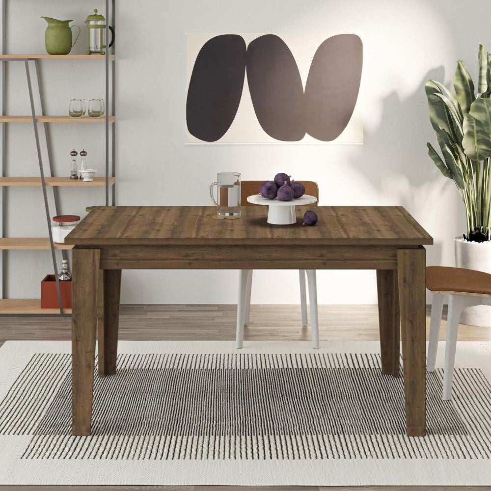 tavolo allungabile megaron colore hitit noce 120x80 cm., dettaglio della superficie allungata e gambe robuste