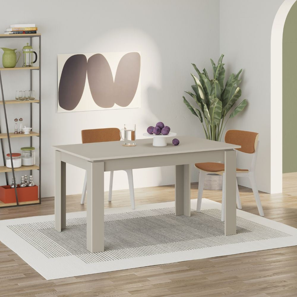 tavolo allungabile tolmen cashmere 140x80 allungabile a 190 cm., dettaglio della superficie allungata e gambe robuste