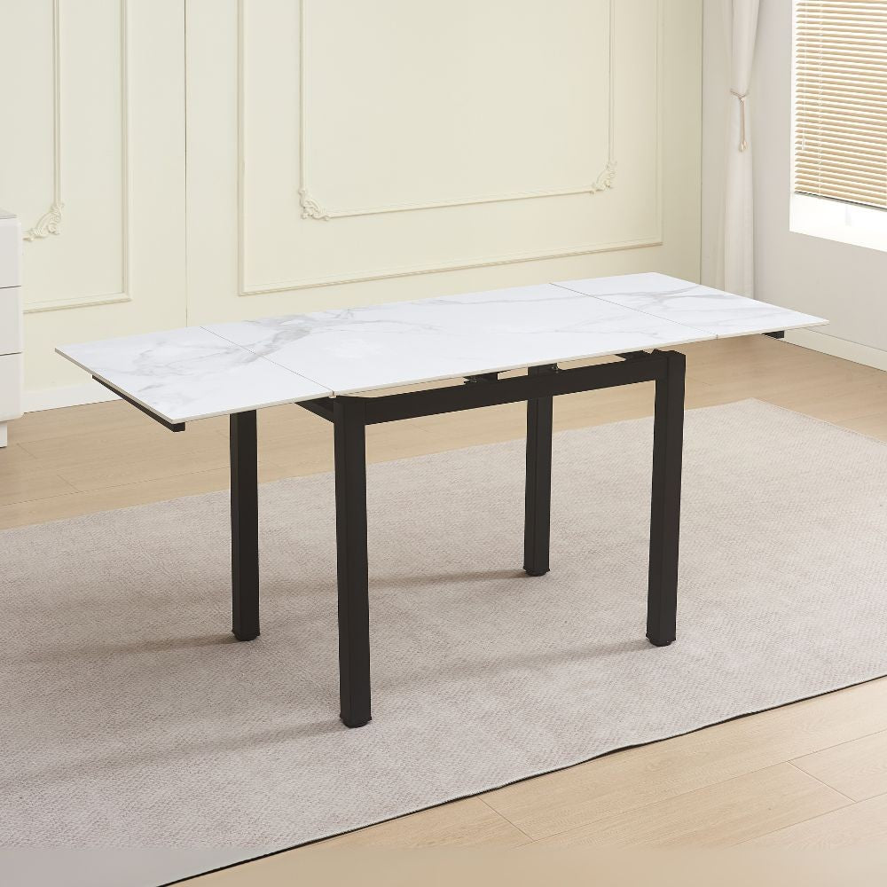 tavolo allungabile kyoto con piano in ceramica effetto marmo bianco lucido e struttura in metallo nero, tavolo rettangolare ampio per cucina o soggiorno