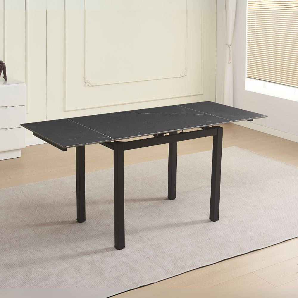 tavolo allungabile kyoto con piano in ceramica effetto marmo nero ardesia opaco e struttura in metallo nero, tavolo rettangolare ampio per cucina o soggiorno