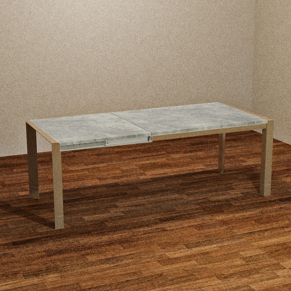 tavolo rettangolare allungabile golia 130x80 struttura tortora e piano cemento, dettaglio della superficie allungata e gambe robuste