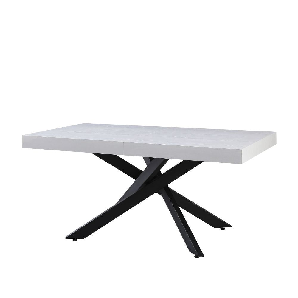 tavolo belinda allungabile piano impiallacciato legno colore bianco frassinato e struttura colore nero, dettaglio della superficie allungata e gambe robuste