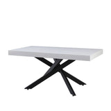 tavolo belinda allungabile piano impiallacciato legno colore bianco frassinato e struttura colore nero, dettaglio della superficie allungata e gambe robuste