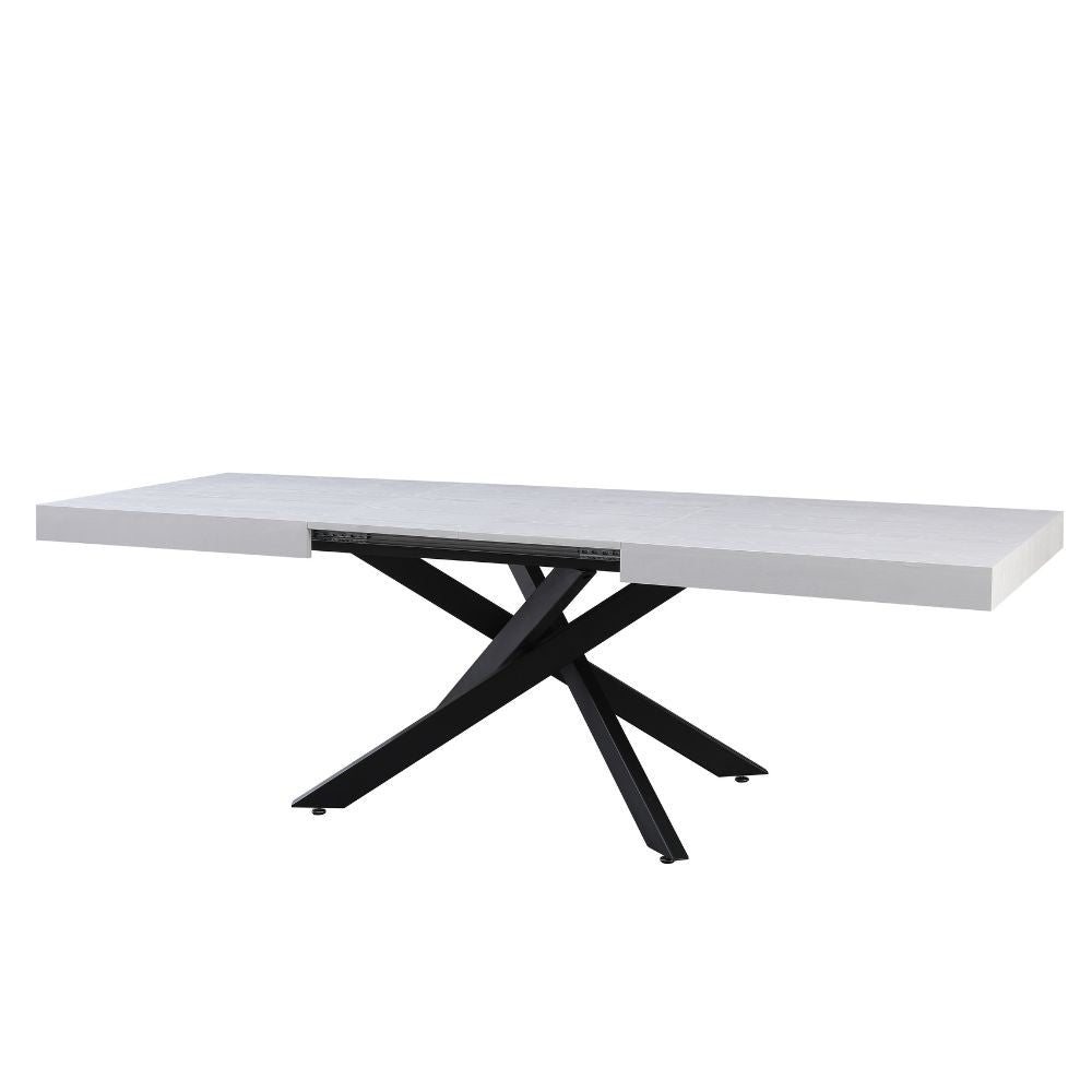 tavolo belinda allungabile piano impiallacciato legno colore bianco frassinato e struttura colore nero, vista ambientata in spazi open space moderni