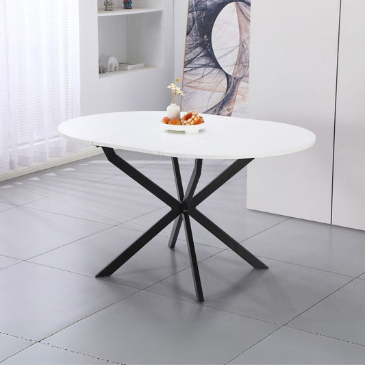 tavolo rotondo allungabile rut con piano colore bianco e gambe in metallo nero, tavolo rotondo ideale per conversazioni conviviali