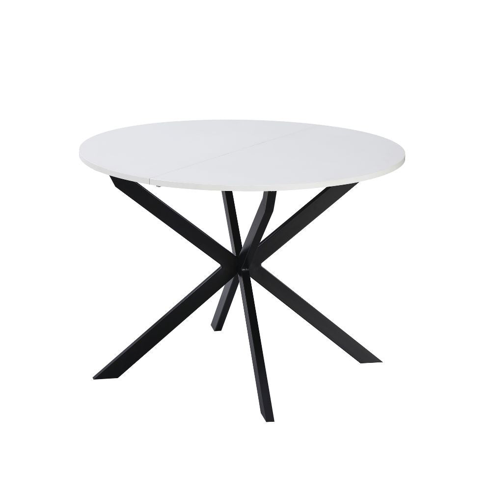 tavolo rotondo allungabile rut con piano colore bianco e gambe in metallo nero, dettaglio del piano circolare e supporto centrale