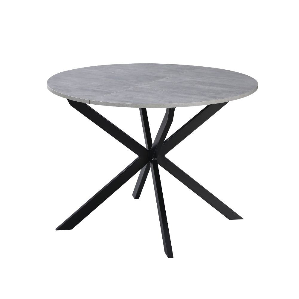 tavolo rotondo allungabile rut con piano colore cemento e gambe in metallo nero, dettaglio del piano circolare e supporto centrale