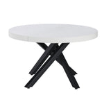 tavolo allungabile raven con piano colore bianco opaco e gambe in metallo nero, dettaglio del piano circolare e supporto centrale