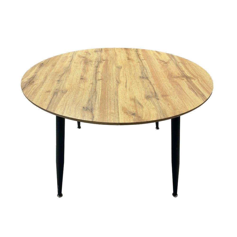 tavolo cordelia allungabile colore piano rovere gambe colore nero, tavolo rotondo ideale per conversazioni conviviali