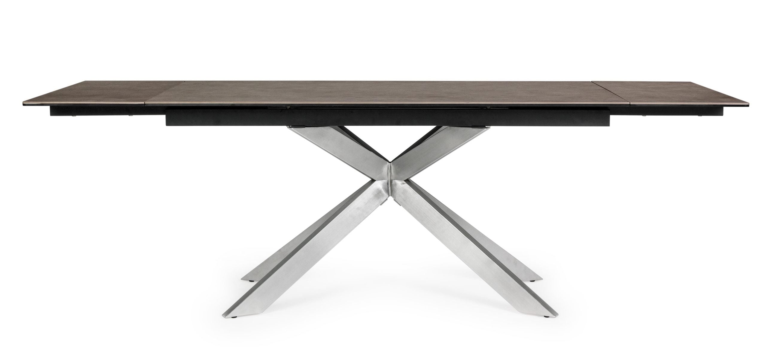 tavolo allungabile arzachel in acciaio inox e vetroceramica 160×90 – 240x90, vista ambientata con sedie abbinate