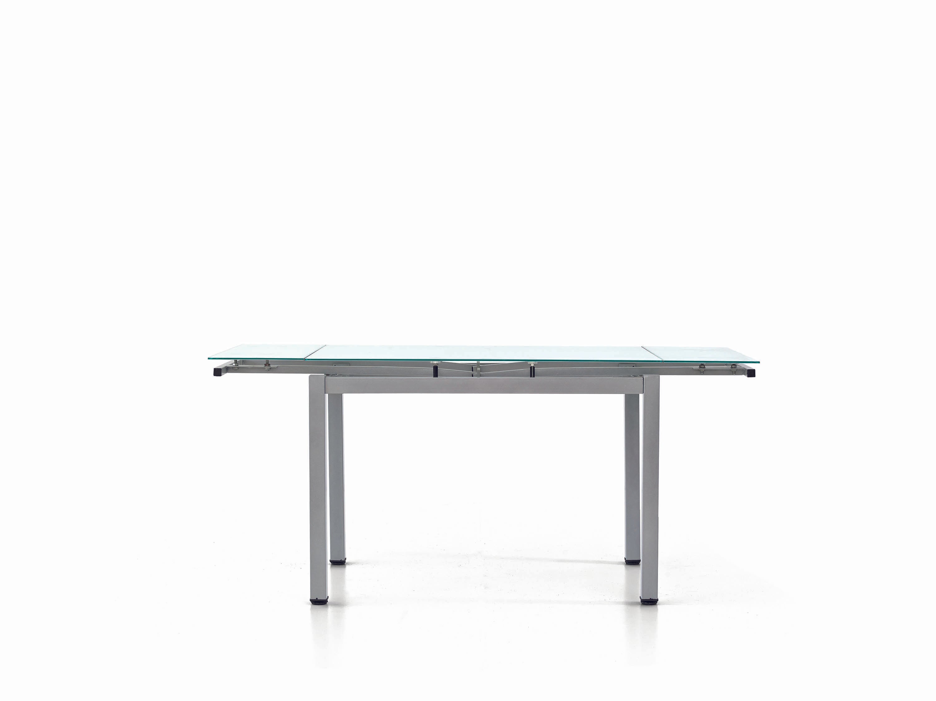 tavolo rapallo in metallo grigio con piano in vetro bianco allungabile 110×70 cm, dettaglio della struttura in legno o...