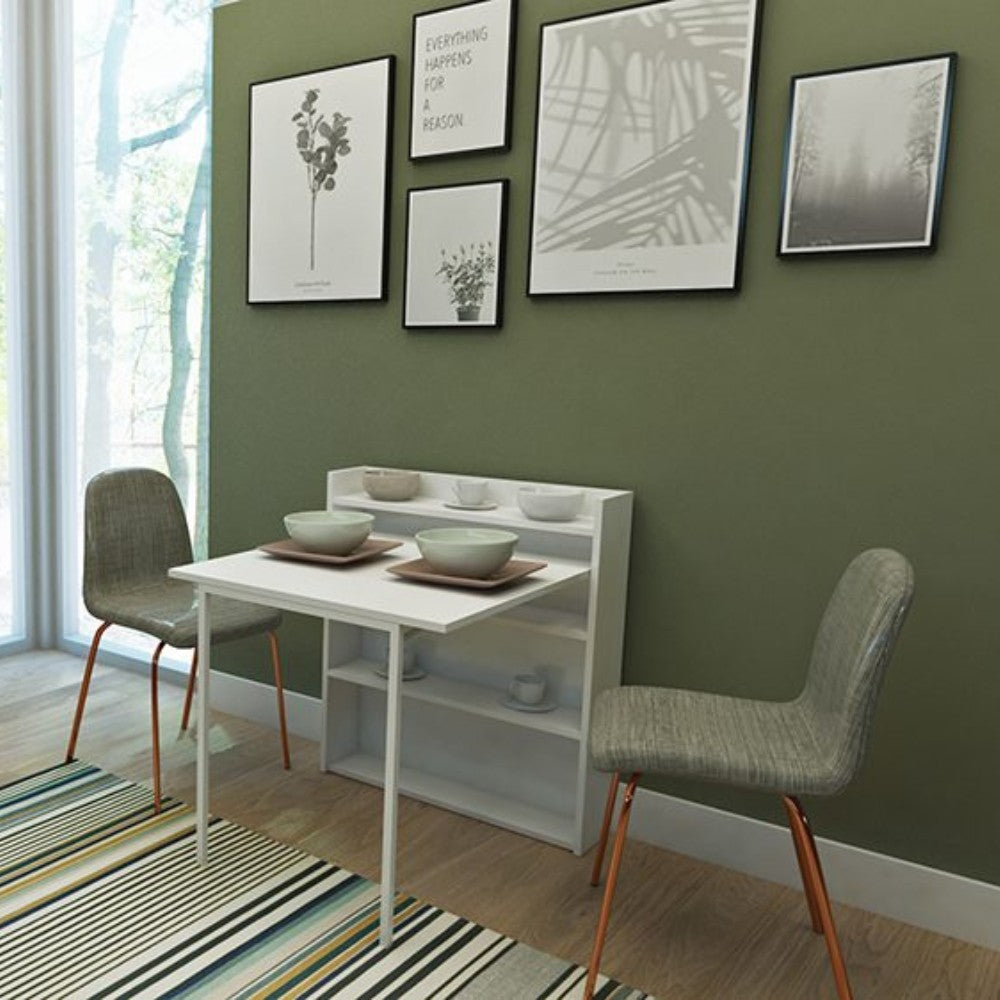 tavolo a scomparsa maso con mensole colore bianco, tavolo quadrato compatto per ambienti moderni