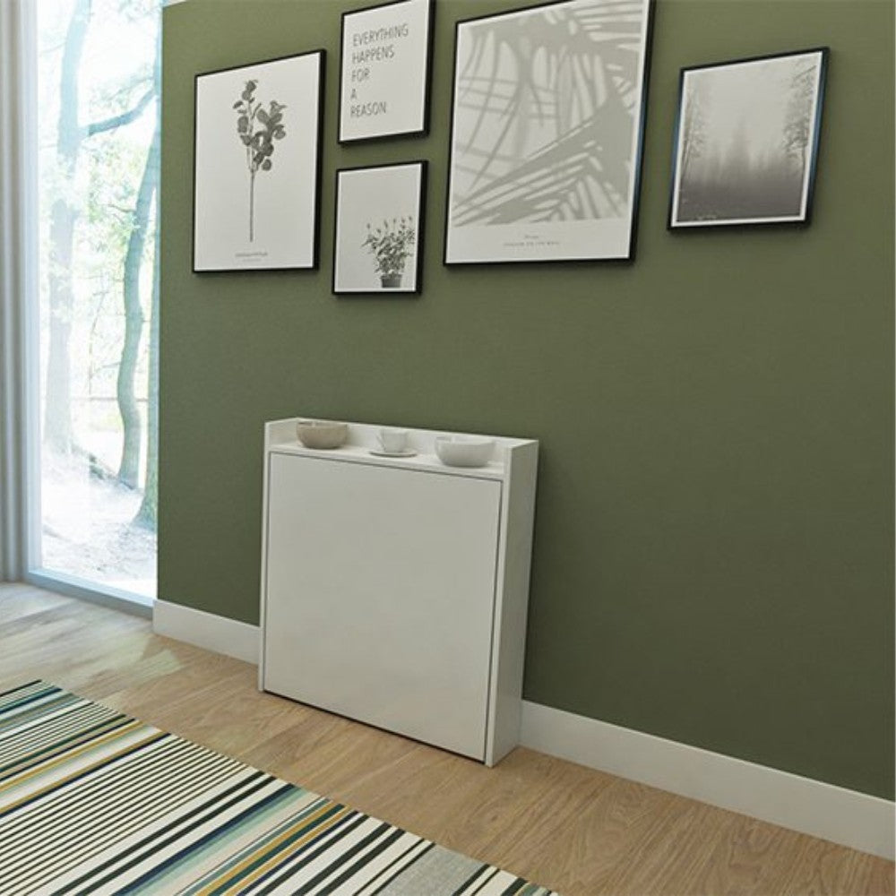 tavolo a scomparsa maso con mensole colore bianco, dettaglio della superficie e delle gambe robuste