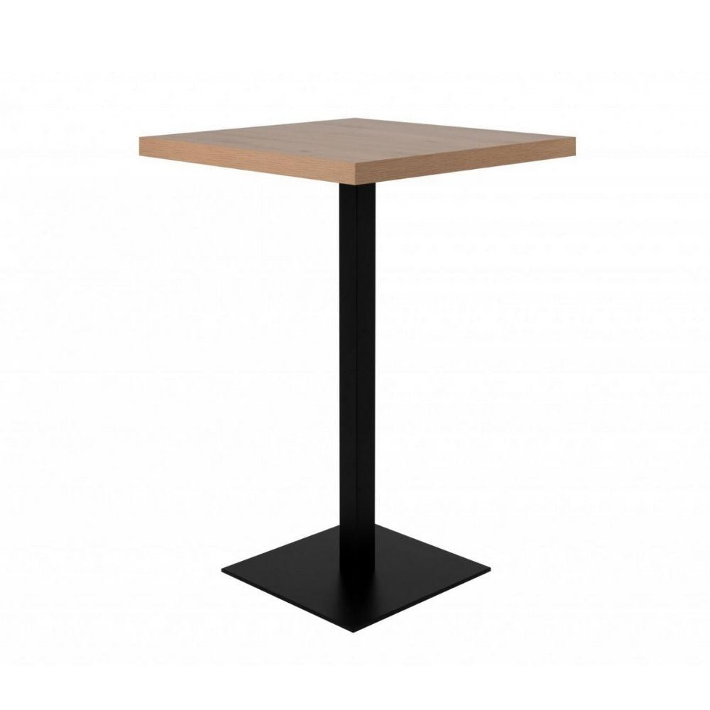 tavolo alto quadrato 70x70x105 h cm piano rovere e base nera, dettaglio della superficie e delle gambe robuste