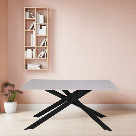 tavolo star con piano in ceramica effetto marmo bianco lucido e gambe nere, tavolo rettangolare ampio per cucina o soggiorno
