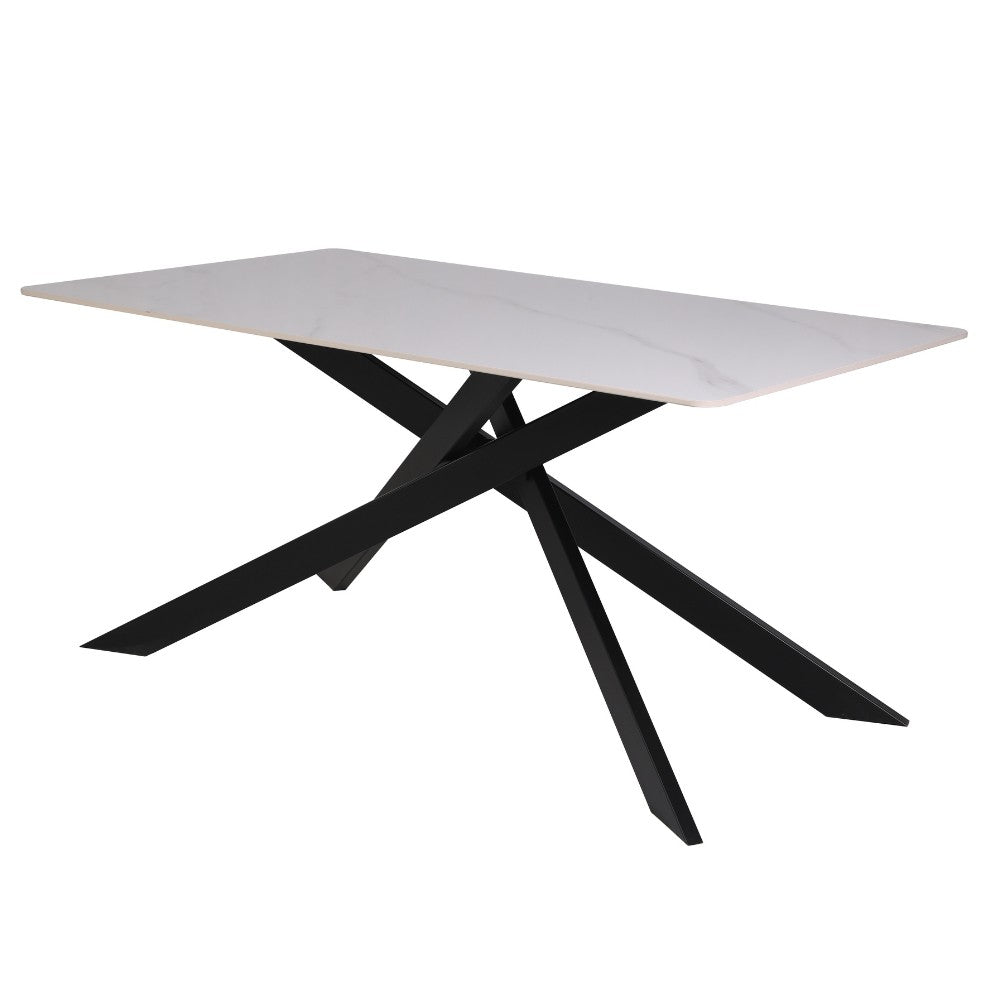 tavolo star con piano in ceramica effetto marmo bianco lucido e gambe nere, vista ambientata in spazi open space moderni