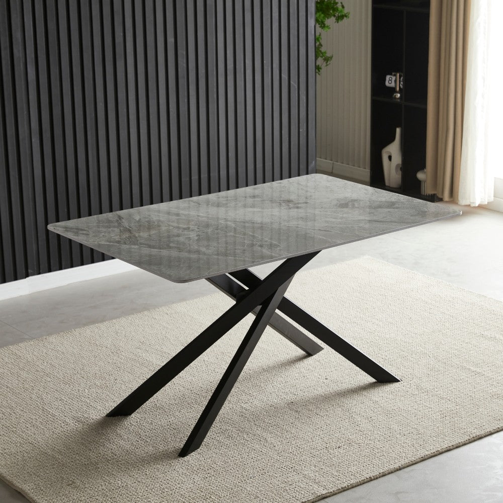 tavolo pacific con piano in ceramica effetto marmo grigio lucido e gambe nere, tavolo rettangolare ampio per cucina o soggiorno