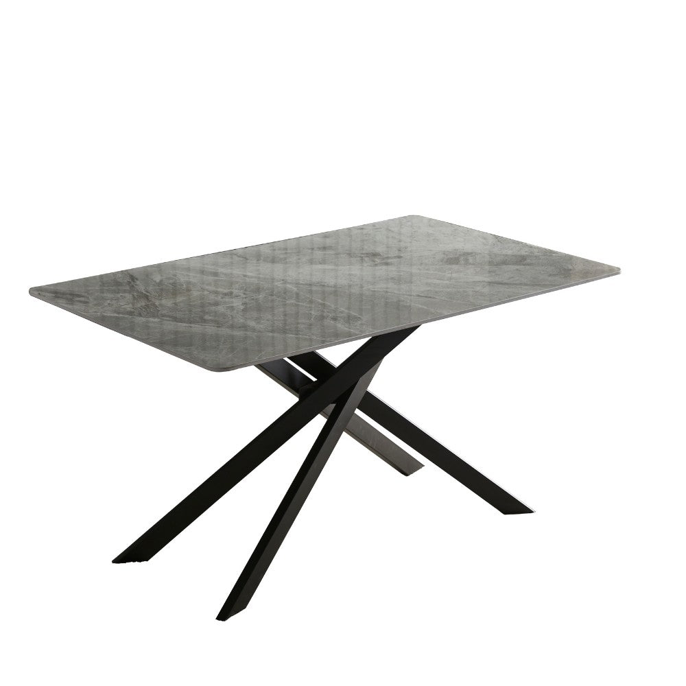 tavolo pacific con piano in ceramica effetto marmo grigio lucido e gambe nere, dettaglio della superficie allungata e gambe robuste