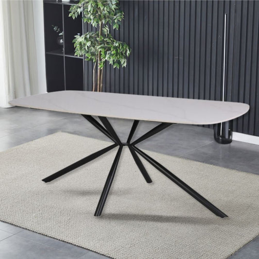 tavolo style fisso con piano in ceramica effetto marmo bianco lucido con gambe nere, tavolo rettangolare ampio per cucina o soggiorno