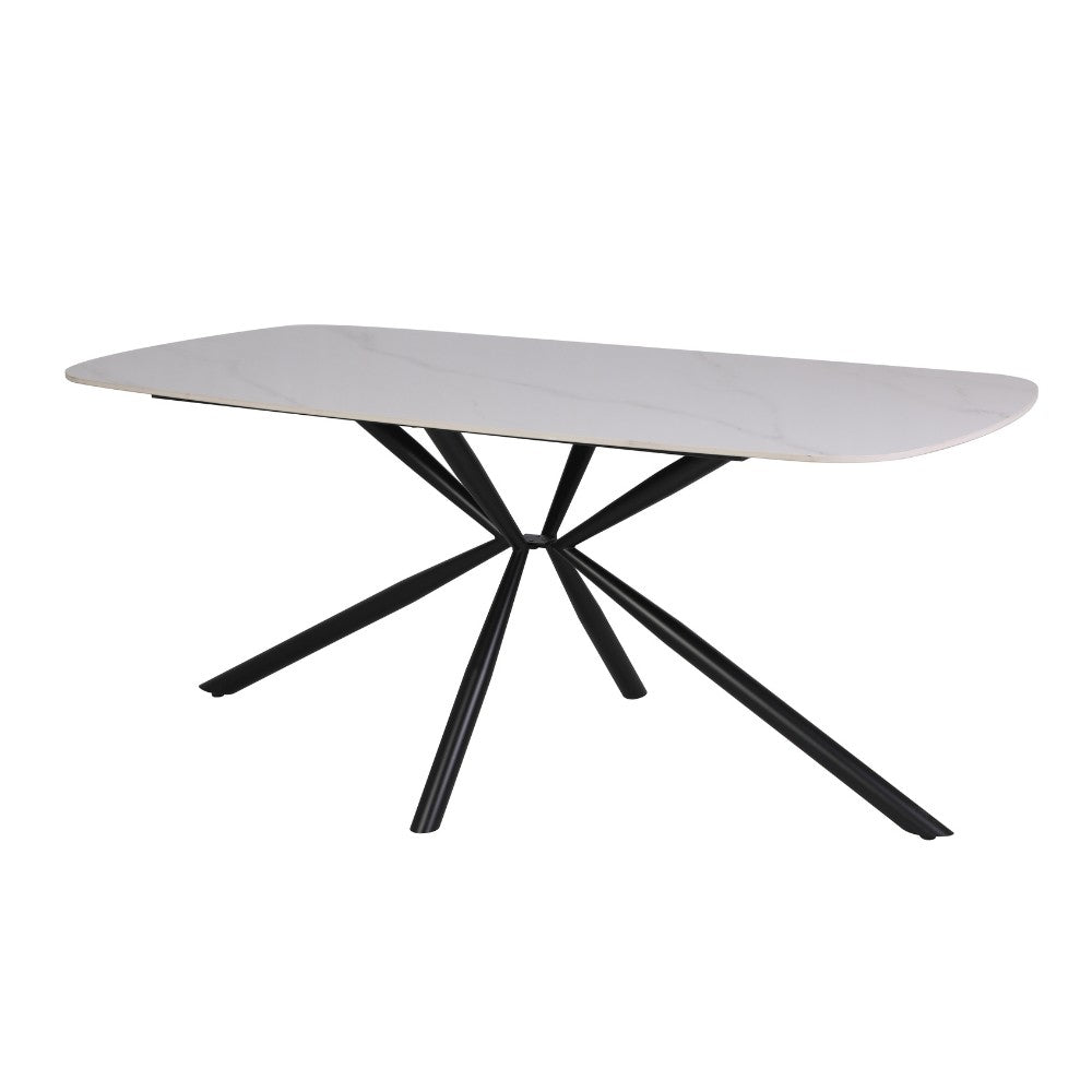 tavolo style fisso con piano in ceramica effetto marmo bianco lucido con gambe nere, vista ambientata in spazi open space moderni