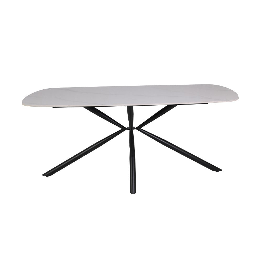 tavolo style fisso con piano in ceramica effetto marmo bianco lucido con gambe nere, ideale per ospitare numerosi commensali