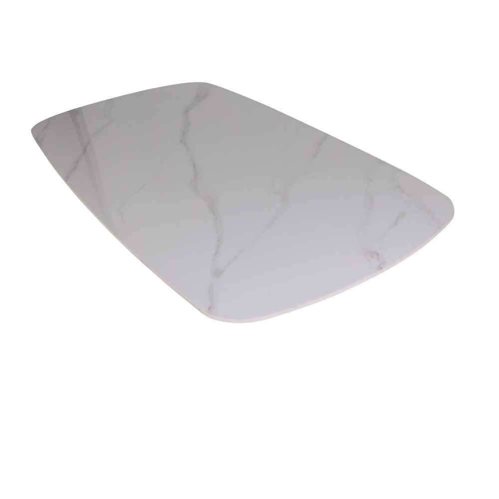 tavolo style fisso con piano in ceramica effetto marmo bianco lucido con gambe nere, linee eleganti per arredamenti contemporanei