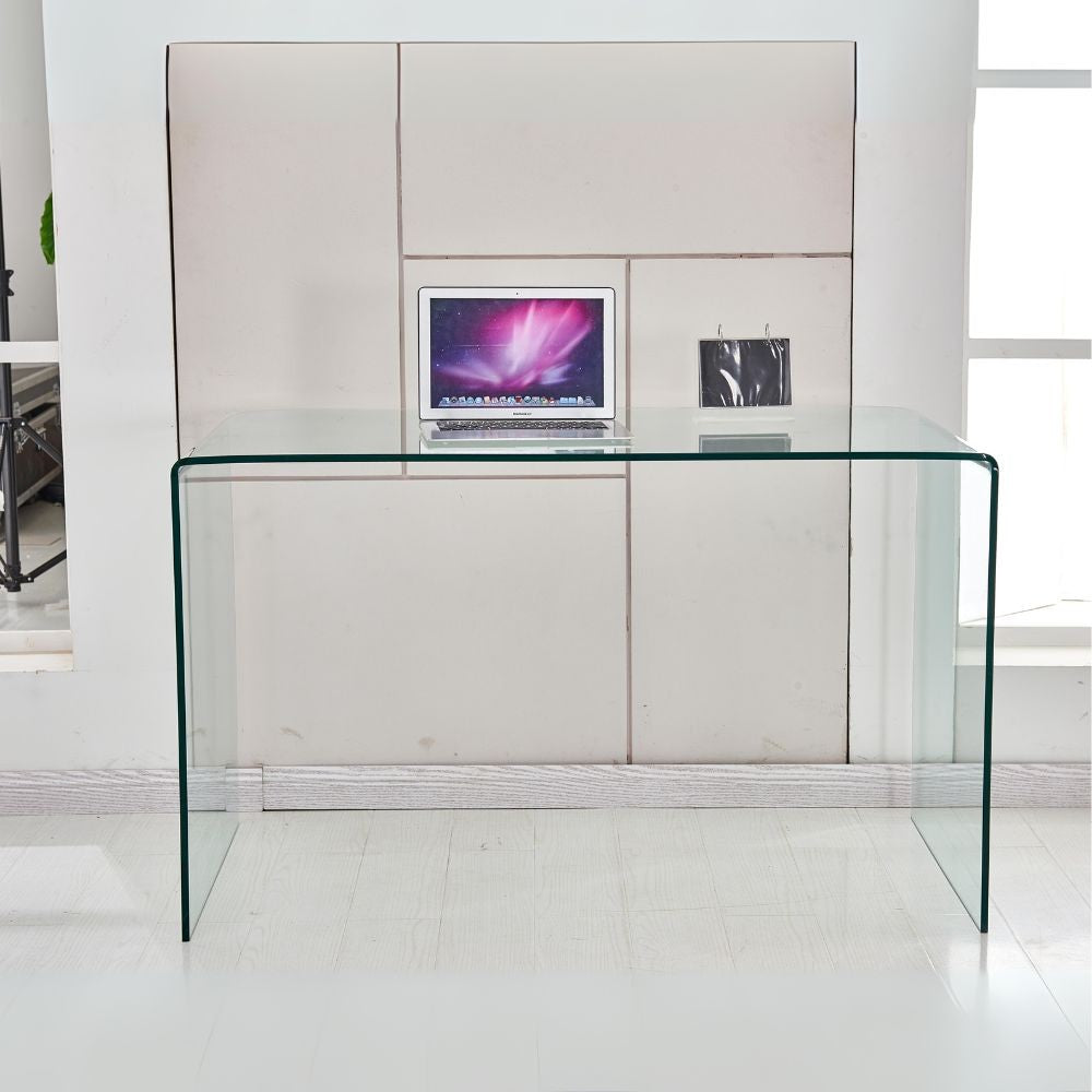 tavolo scrivania tamerice in vetro temperato 125x70x75 cm., vista ambientata in spazi open space moderni