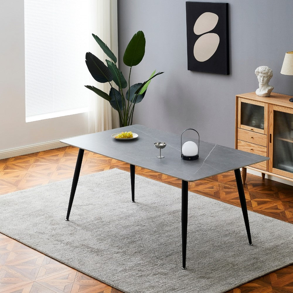 tavolo mila 140x80 con top in ceramica effetto marmo grigio opaco e gambe in metallo nero, tavolo rettangolare ampio per cucina o soggiorno