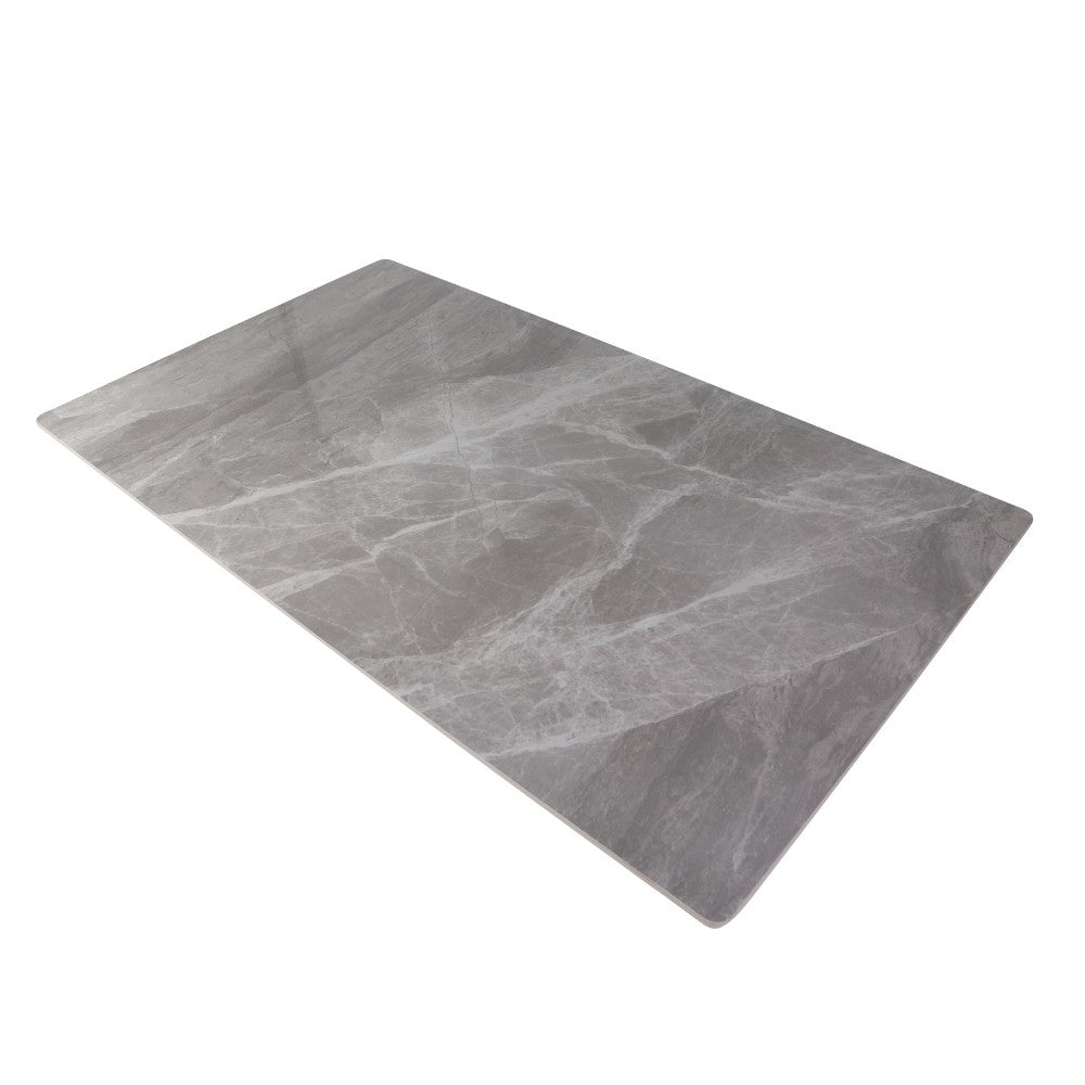 tavolo mila 160x90 top in ceramica effetto marmo grigio lucido con gambe in metallo nero, linee eleganti per arredamenti contemporanei