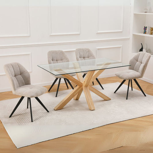 tavolo in vetro temperato beia con gambe in legno, tavolo rettangolare ampio per cucina o soggiorno