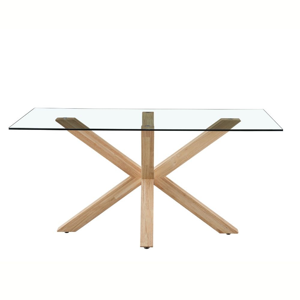 tavolo in vetro temperato beia con gambe in legno, dettaglio della superficie allungata e gambe robuste