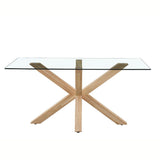 tavolo in vetro temperato beia con gambe in legno, dettaglio della superficie allungata e gambe robuste