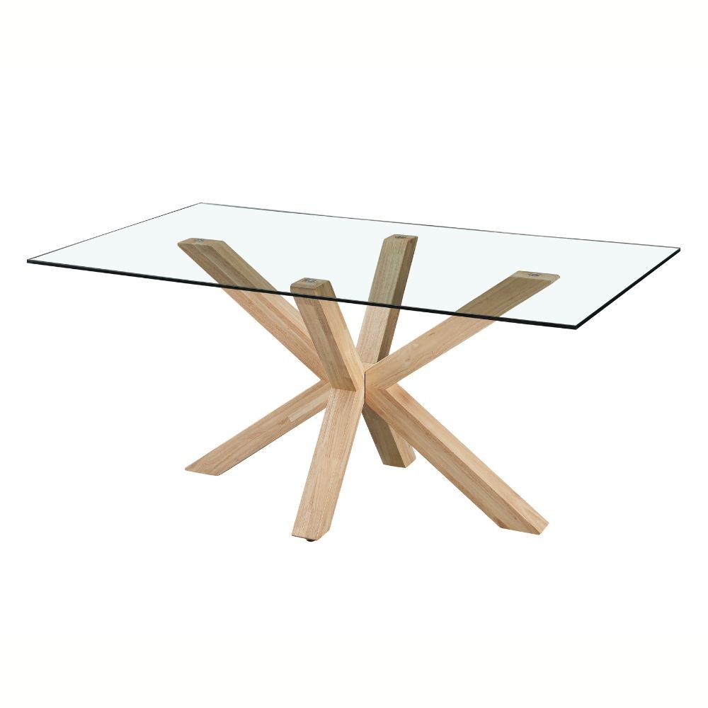 tavolo in vetro temperato beia con gambe in legno, vista ambientata in spazi open space moderni