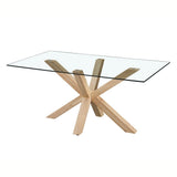 tavolo in vetro temperato beia con gambe in legno, vista ambientata in spazi open space moderni