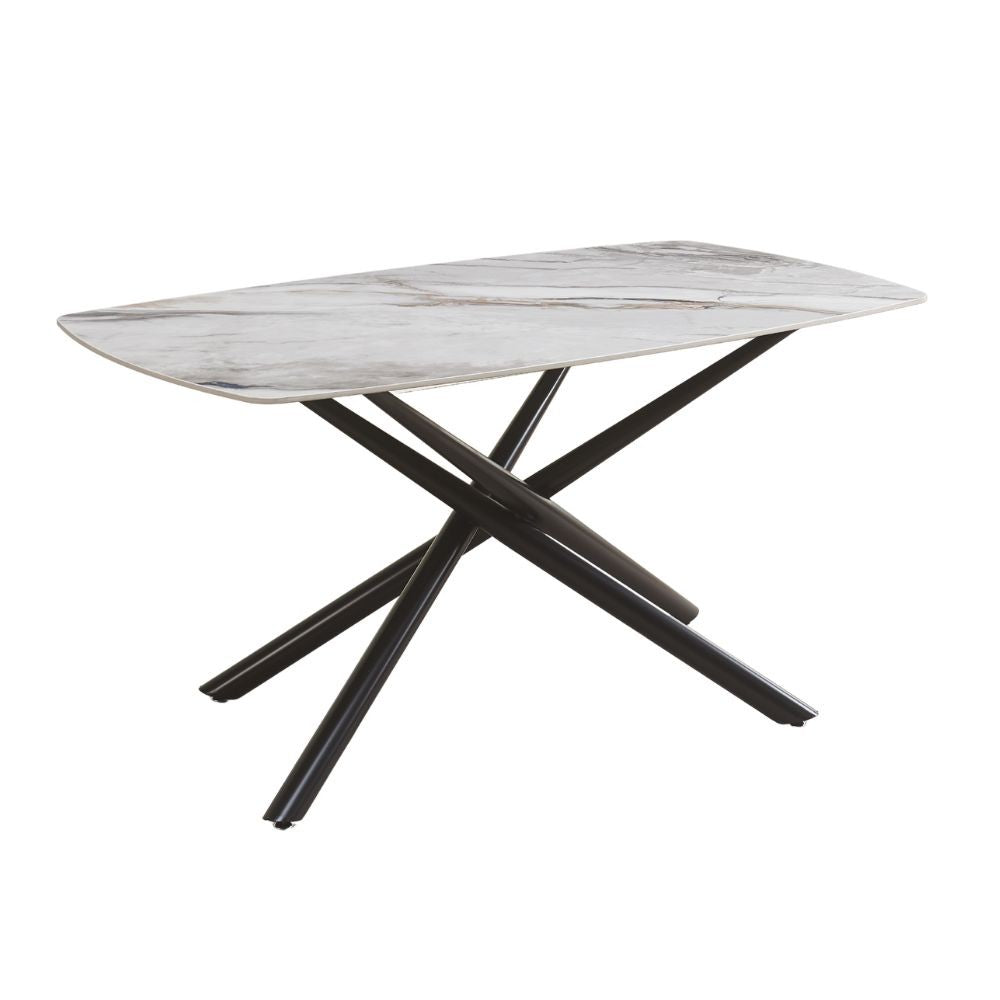 tavolo fisso linus con piano in ceramica effetto marmo grigio lucido e gambe in metallo nero, dettaglio della superficie allungata e gambe robuste