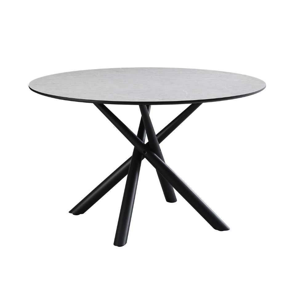 tavolo tondo logan con piano cemento e gambe in metallo nero φ120*76.5 cm., dettaglio del piano circolare e supporto centrale