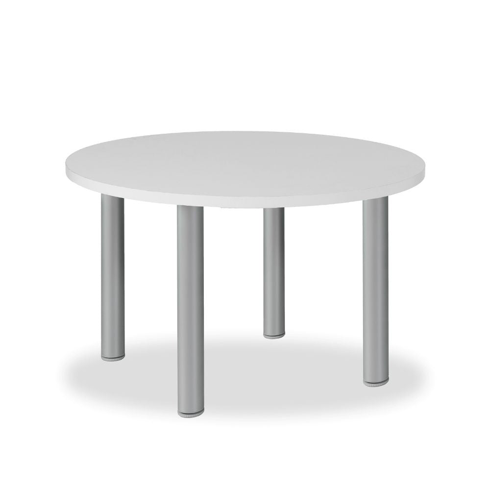 tavolo tondo manila con gambe in acciaio verniciato alluminio e piano colore bianco 90x90 cm., dettaglio del piano circolare e supporto centrale