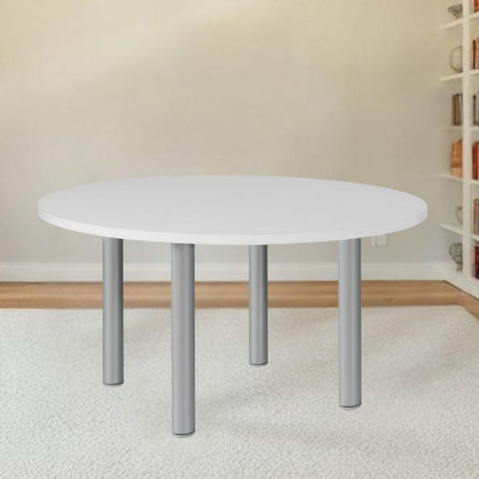 tavolo tondo manila con gambe in acciaio verniciato alluminio e piano colore bianco 120x120 cm., tavolo rotondo ideale per conversazioni conviviali