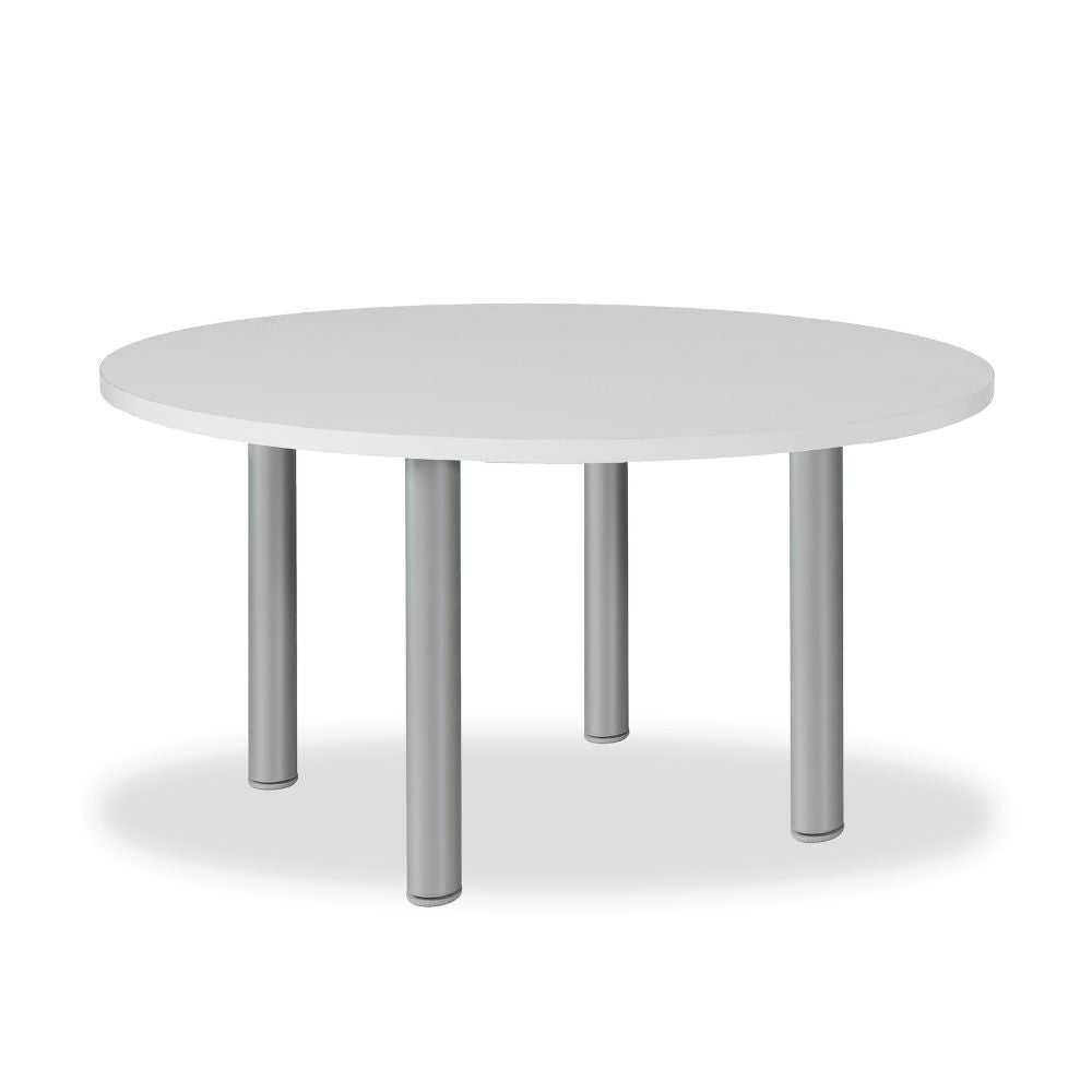 tavolo tondo manila con gambe in acciaio verniciato alluminio e piano colore bianco 120x120 cm., dettaglio del piano circolare e supporto centrale