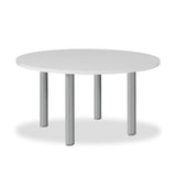 tavolo tondo manila con gambe in acciaio verniciato alluminio e piano colore bianco 120x120 cm., dettaglio del piano circolare e supporto centrale