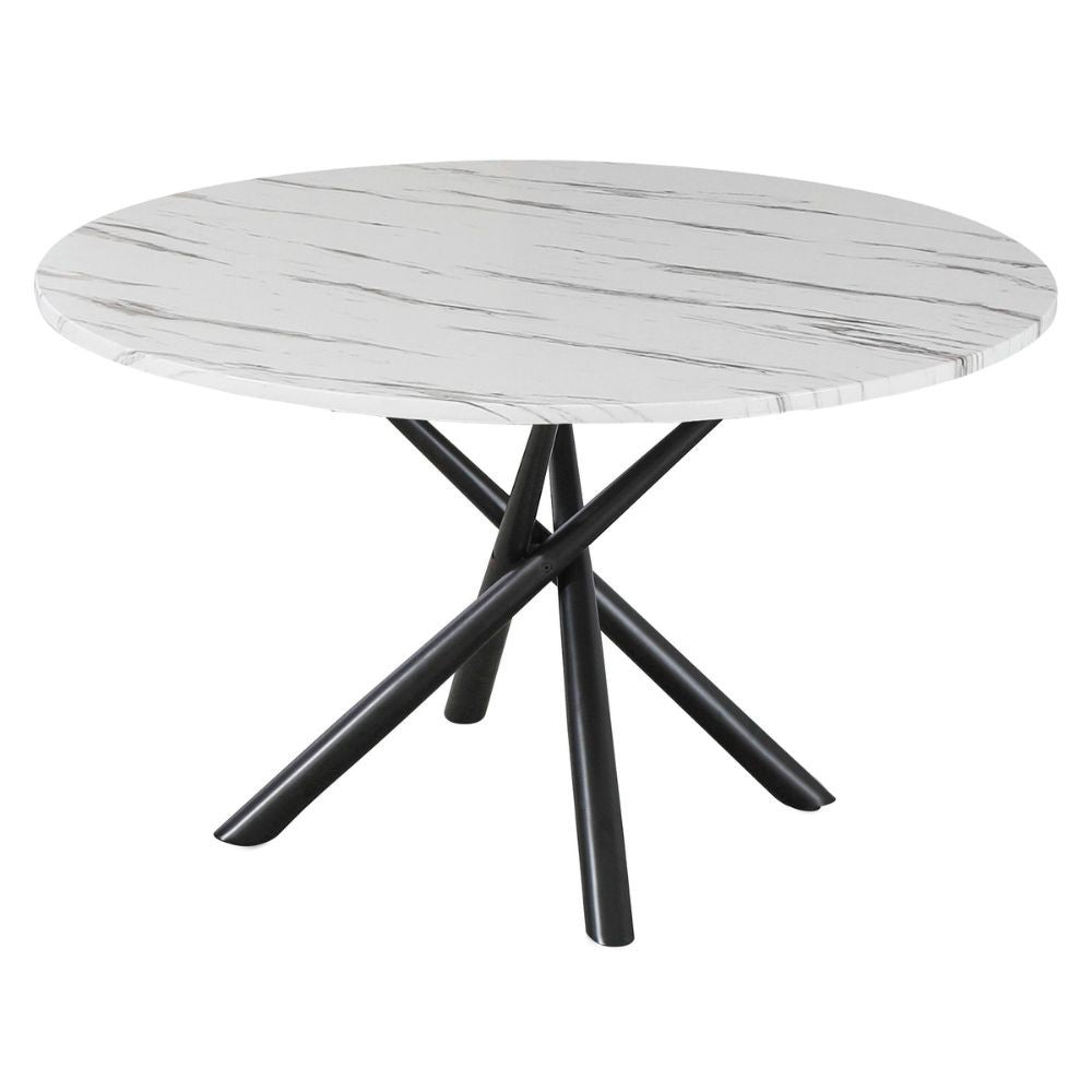 tavolo umbriel piano effetto marmo opaco e struttura in metallo nero, dettaglio del piano circolare e supporto centrale
