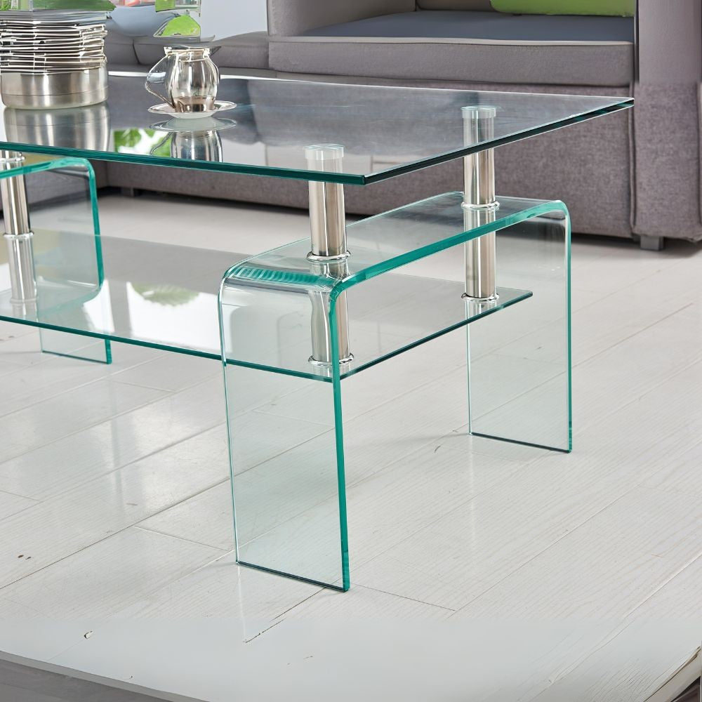 tavolino gelso con doppio piano in vetro temperato 100x55x44 h cm., dettaglio della superficie e gambe di design